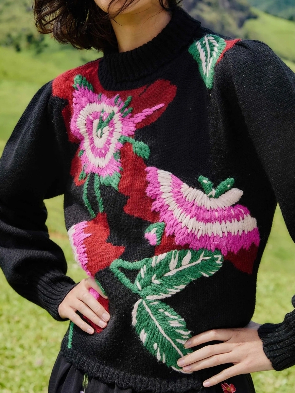 Farm Rio New XL black bold colorful flower embroidered knit sweater